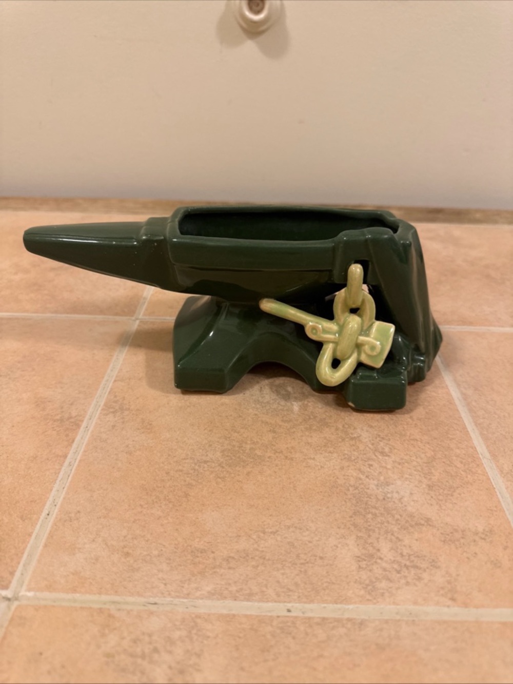 Mccoy Green Ceramic Anvil Planter with Pale Yellow Accent